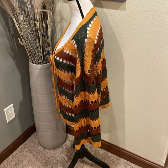 Cider Knit V-Neck Striped Knotted Crochet Boho Flare Sleeve Cardigan Sweater XL - Picture 10 of 15